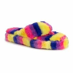 LUKEES By MUK LUKS Women's Myka Faux Fur Flip Flop Slippers Rainbow Stripe