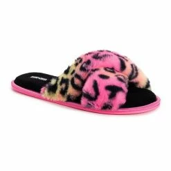 LUKEES By MUK LUKS Women's Lara Faux Fur Slide Slippers Fuchsia Rainbow Multi