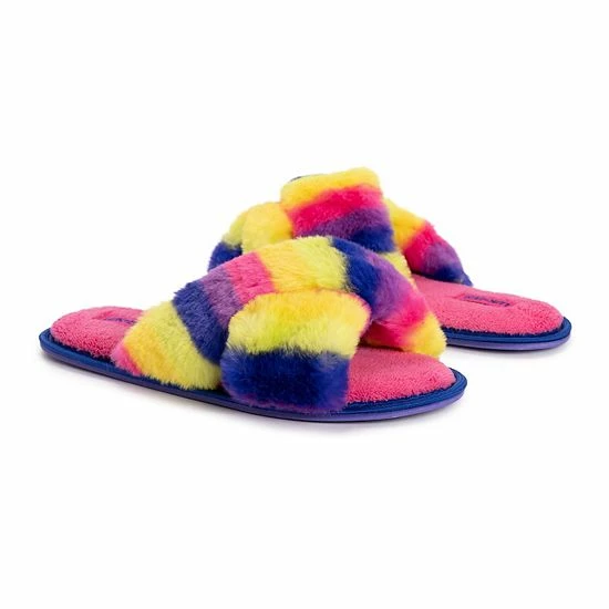 LUKEES By MUK LUKS Women's Lara Faux Fur Slide Slippers Fuchsia Rainbow Multi - Image 6