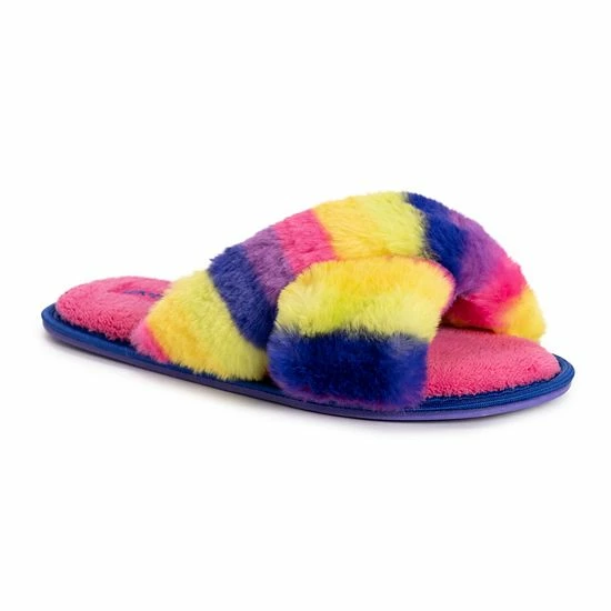 LUKEES By MUK LUKS Women's Lara Faux Fur Slide Slippers Fuchsia Rainbow Multi - Image 9