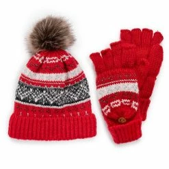 Women's MUK LUKS Fair Isle Pompom Beanie & Flip-Top Mittens Set Poppy