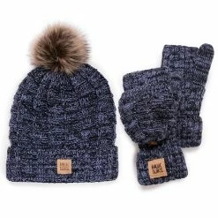 MUK LUKS Logo Patch Pompom Beanie And Flip-Top Mittens Set Water Color